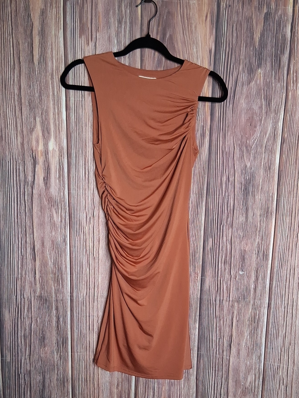 H&M Sleeveless rust brown mini bodycon dress side ruched gathering size XS